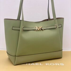 Michael Kors Reed Large Pebbled Leather Tote Shoulder Bag Light Sage